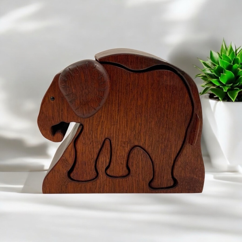 Vintage Artisan Crafted Wood Puzzle Elephant Box W/ Drawer, Signed, Office Decor